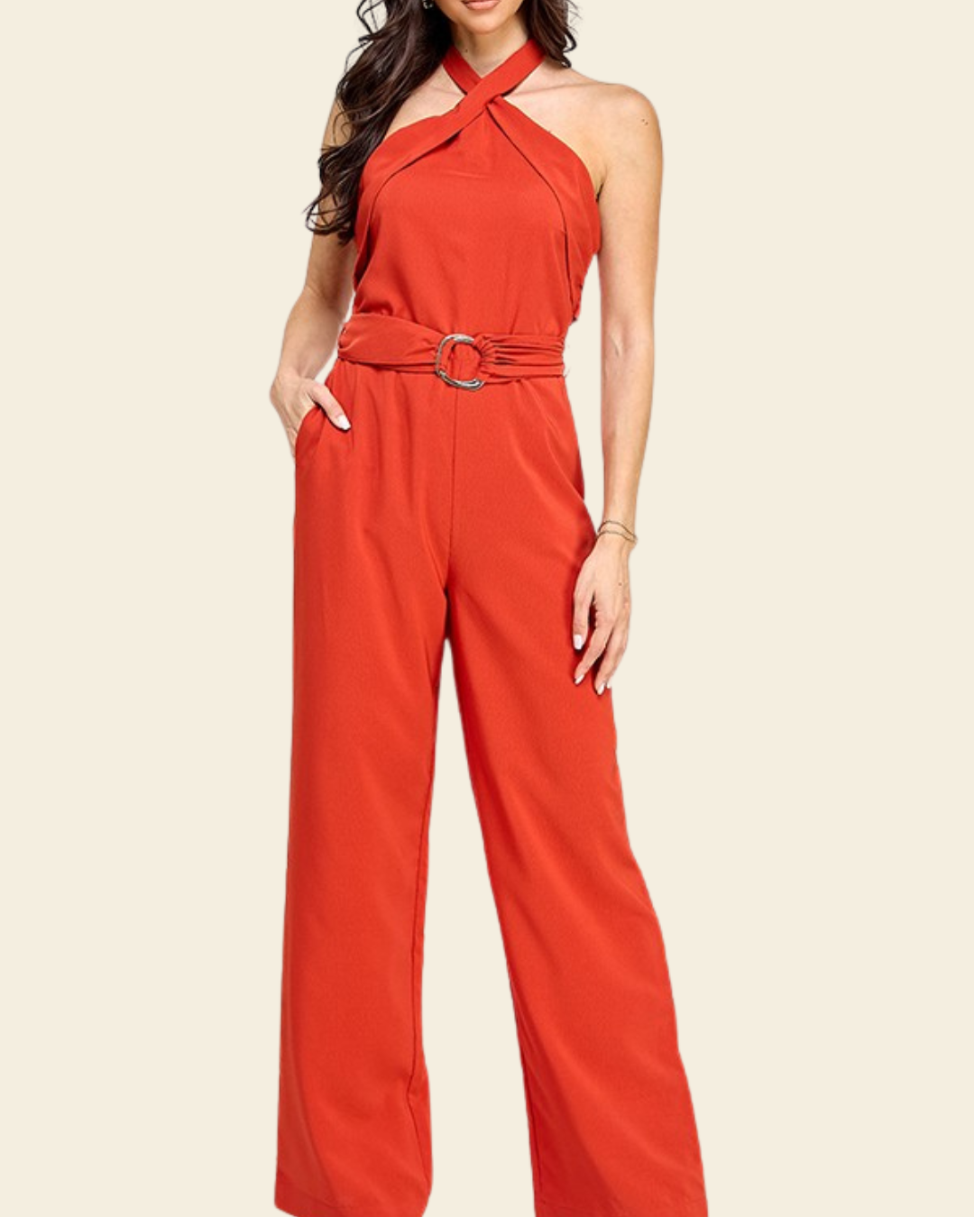 HALTER NECK CELTED JUMPSUIT