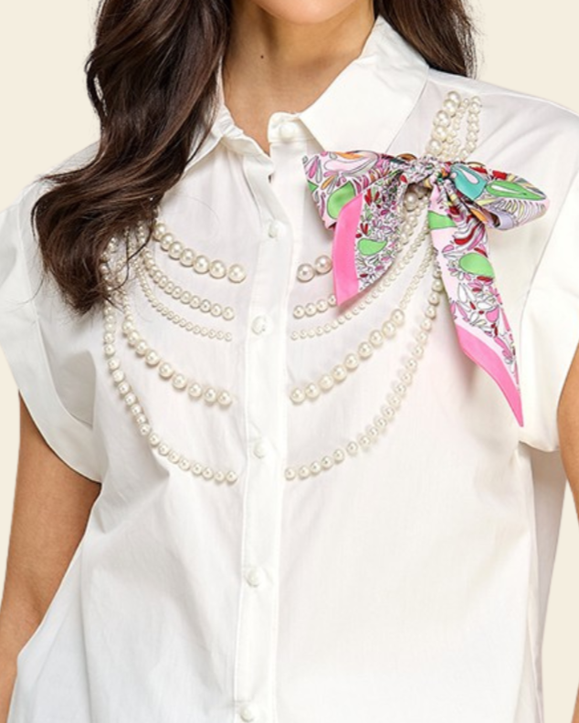 PEARL N RIBBON DETAIL BUTTON SHIRT