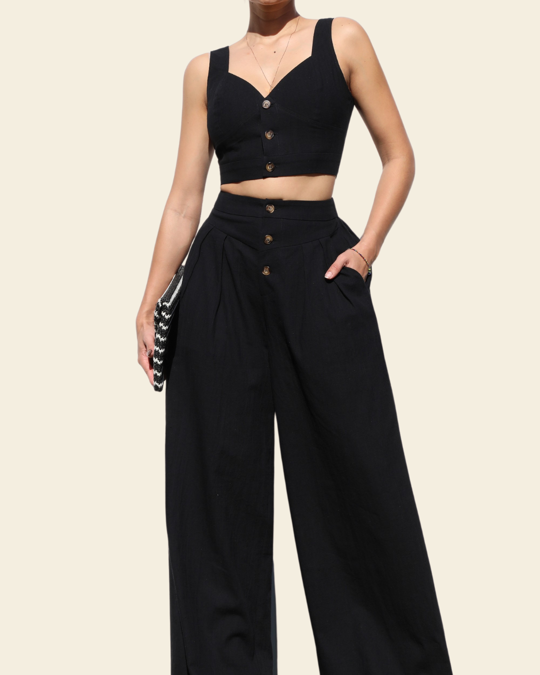 WOVEN CROP TOP AND PANTS SET