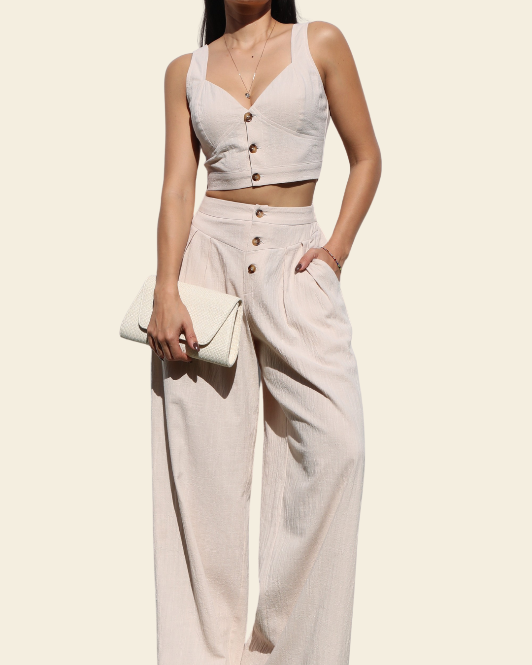 WOVEN CROP TOP AND PANTS SET