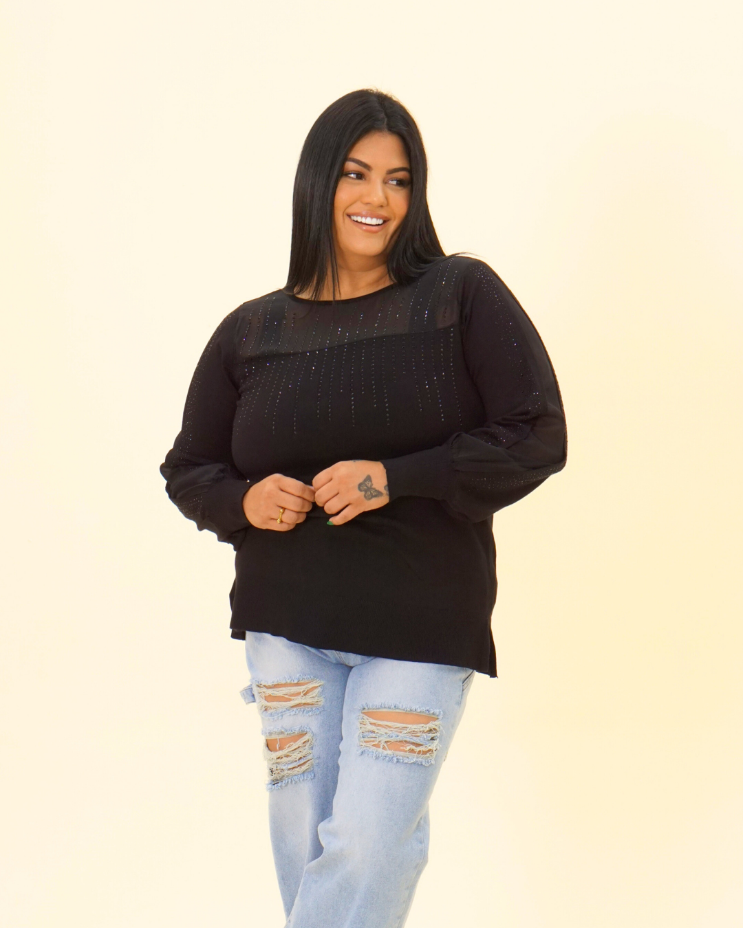 RHINESTONES SLEEVE SWEATER