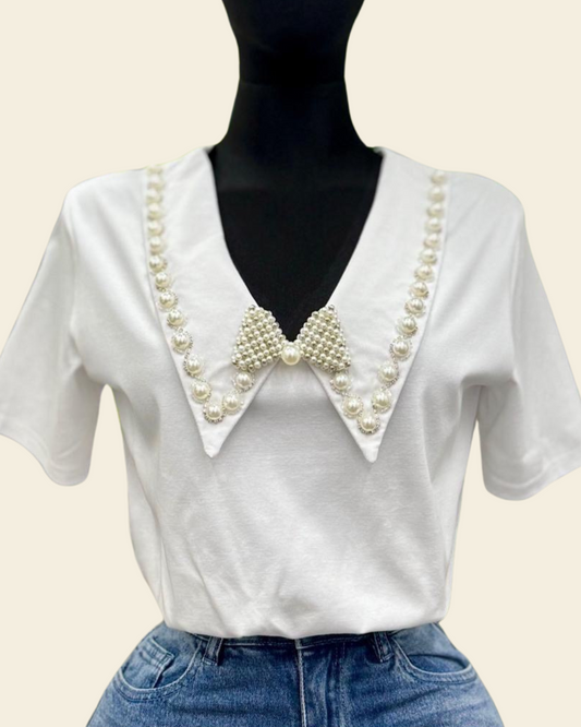 TOP PEARL BOW WHITE