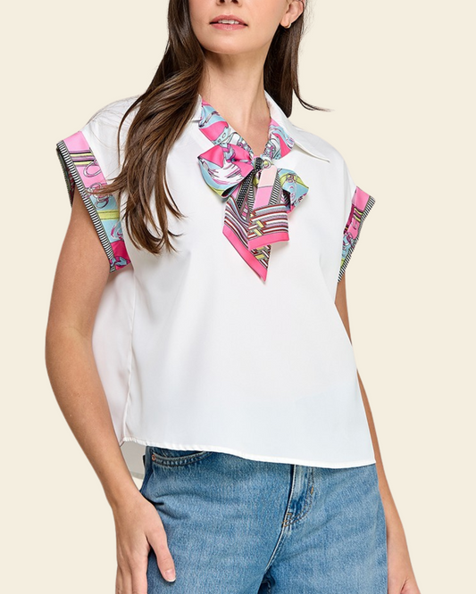 NECK SCARF DETAIL COLLAR WOVEN T SHIRT